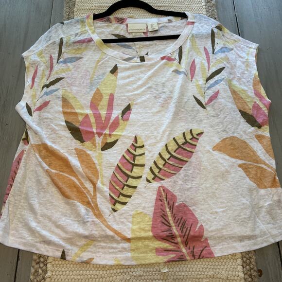 Cynthia Rowley White Pink Leaf Print Linen Popover Shirt Beach Boho Boxy Sz L - Picture 1 of 6